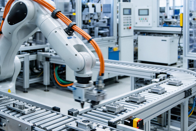 Braço robótico com cabos industriais em linha de produção automatizada com esteira e painel de controle