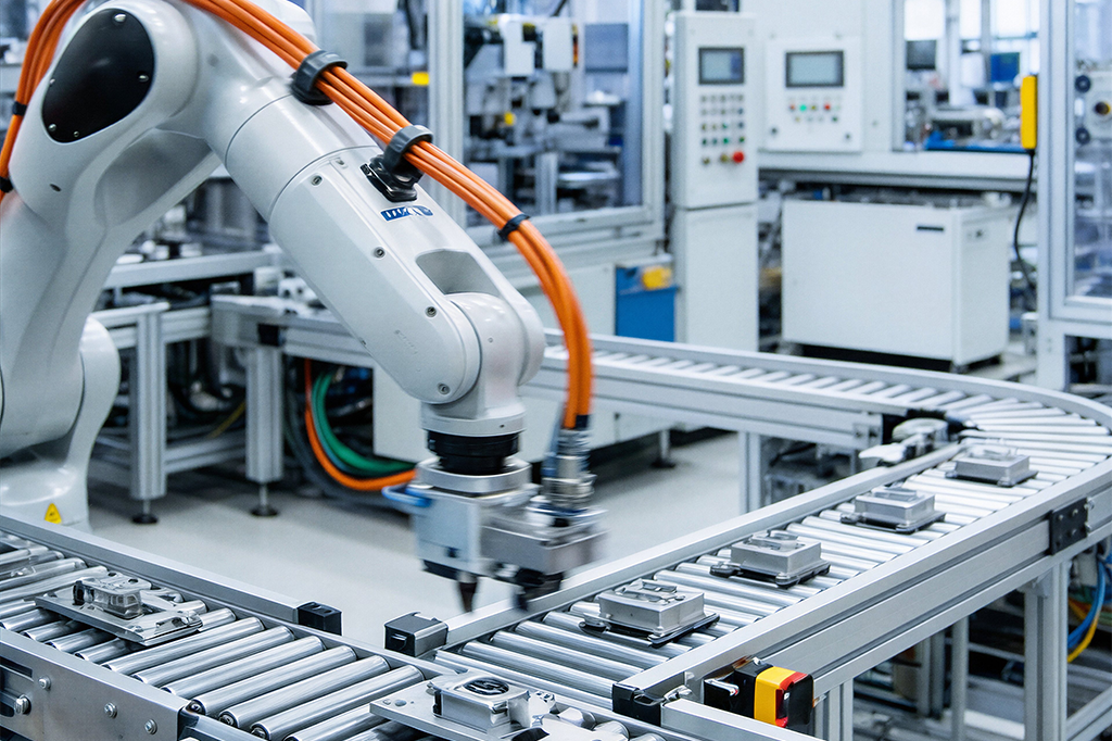 Braço robótico com cabos industriais em linha de produção automatizada com esteira e painel de controle
