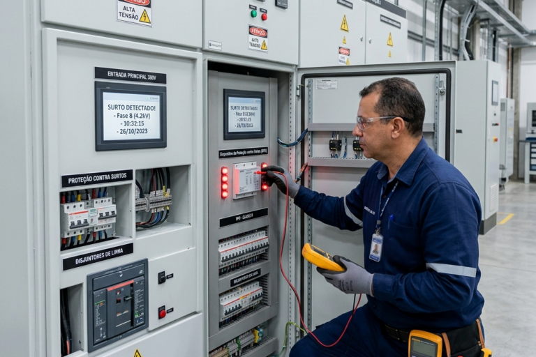 Técnico eletricista inspecionando quadro elétrico industrial com DPS Classe II e sinalização de surto detectado em painel 380V