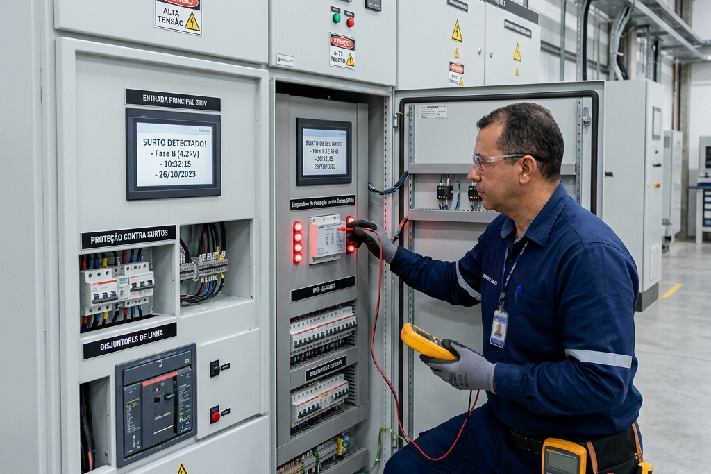 Técnico eletricista inspecionando quadro elétrico industrial com DPS Classe II e sinalização de surto detectado em painel 380V
