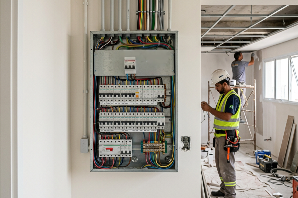 Quadro de distribuição elétrica em obra civil com fiação organizada e disjuntores instalados, demonstrando boa prática de execução elétrica conforme NBR 5410