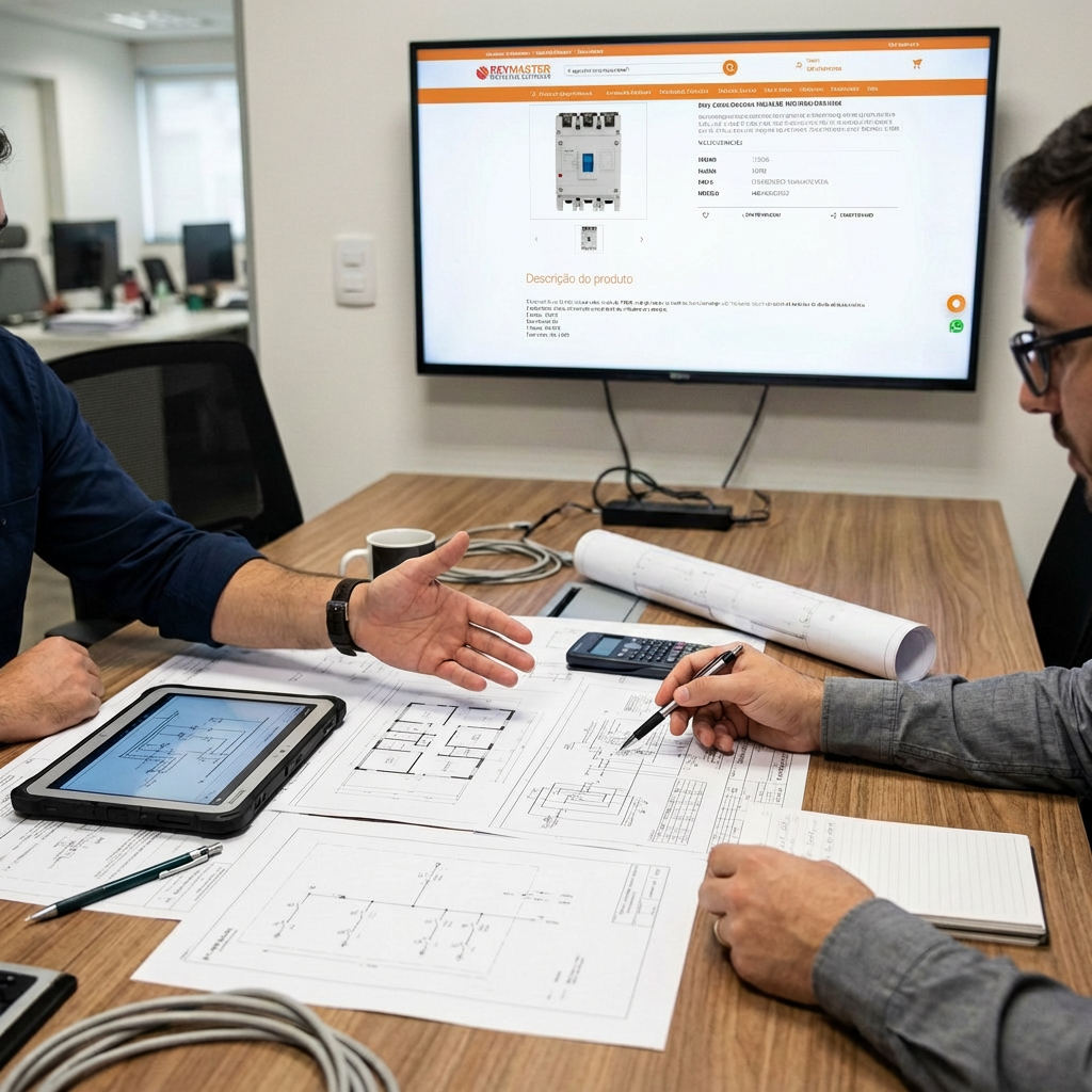 Engenheiros eletricistas analisando projeto elétrico com diagrama unifilar sobre a mesa e tela do site Reymaster com disjuntor de caixa moldada ao fundo