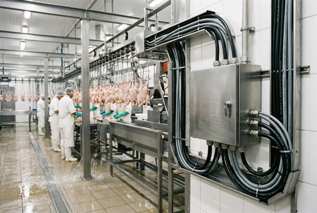 Painel elétrico em aço inox com eletrodutos e cabos industriais instalados em ambiente de processamento de alimentos com alto grau de umidade e lavagem frequente