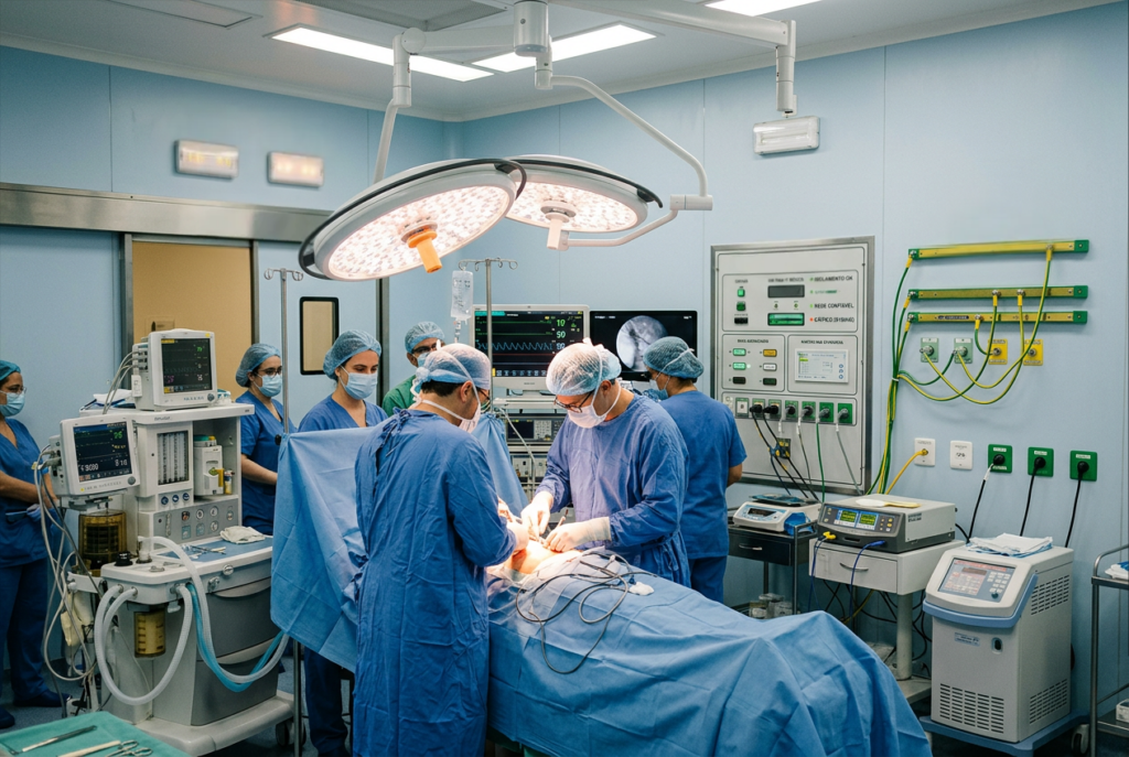 Sala cirúrgica em operação com equipe médica, monitores multiparâmetros e painel de energia IT visível ao fundo, representando as exigências elétricas de ambientes hospitalares conforme ABNT NBR IEC 60364-7-710